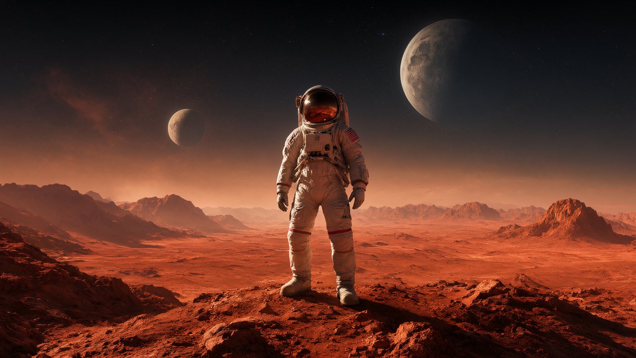 Astronaut in a red desert with two moons