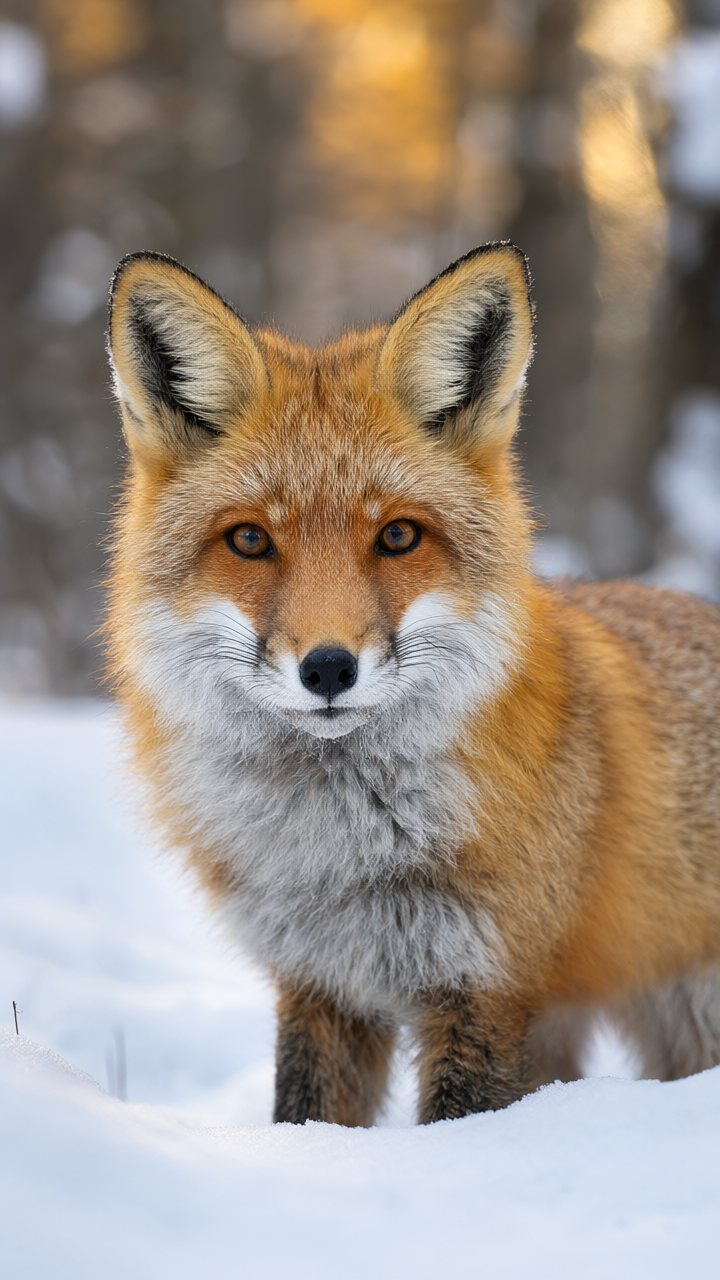 Fox in a snowy forest at dawn