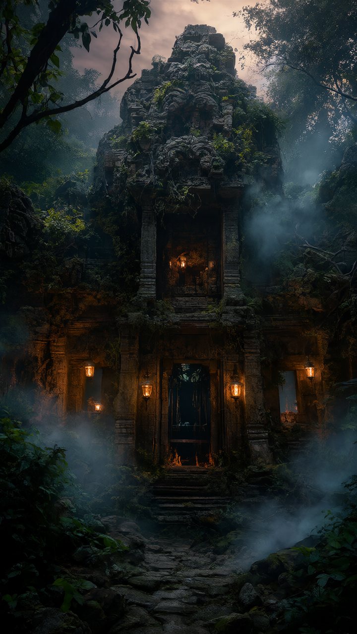 Ancient jungle temple with lanterns at dusk