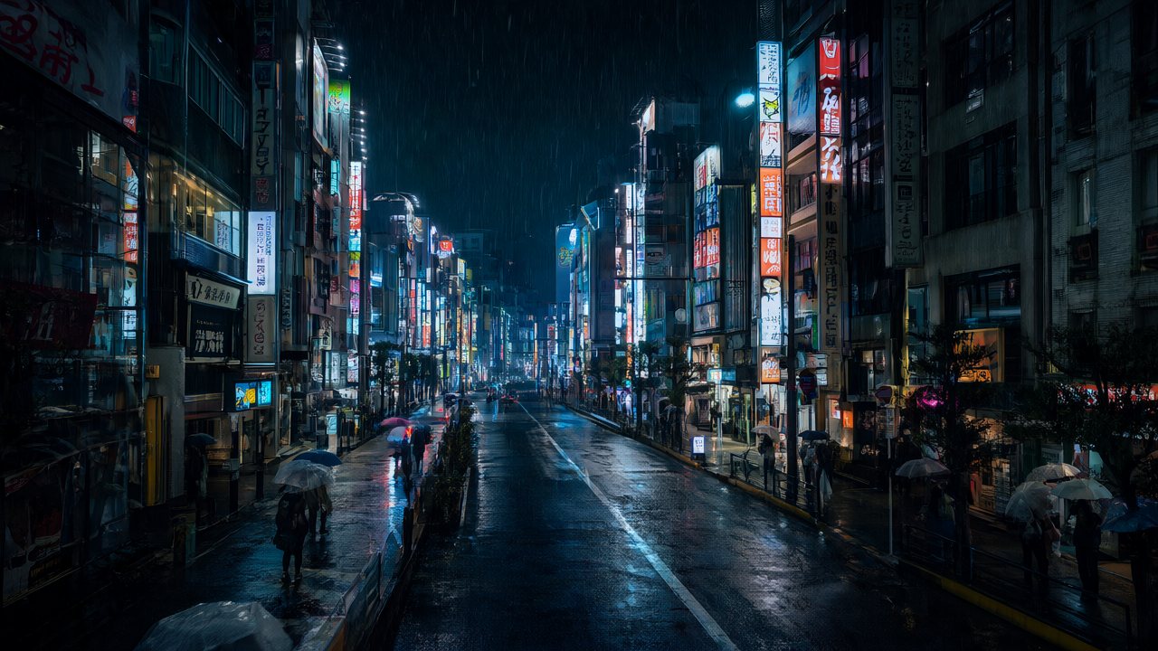 Futuristic Tokyo in the rain with neon signs